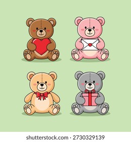 Eine charmante Sammlung von vier verschiedenen Teddybären, die jeweils in einem niedlichen und kuscheligen Stil präsentiert werden, bereit, Zuneigung und Feier zu vermitteln.