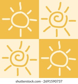 A charming collection of four hand-drawn sun doodles, creating a simple and positive seamless pattern with warm yellow tones