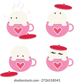 Una encantadora colección de cuatro ilustraciones con personajes redondos y blancos asomándose de tazas rosas decoradas con corazones. El conjunto incluye varias poses con tapas rojas, vapor y lindas expresiones faciales.