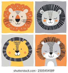 Una encantadora colección de cuatro ilustraciones de leones con diferentes estilos de melena, sobre coloridos fondos cuadrados en tonos de amarillo, naranja y gris.