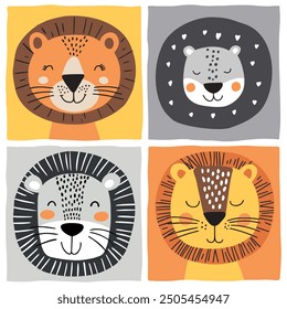 A charming collection of four lion illustrations with varying mane styles, set against colorful square backgrounds in shades of yellow, orange, and gray.