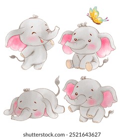 A charming collection of four watercolor baby elephants in various playful poses with a butterfly.