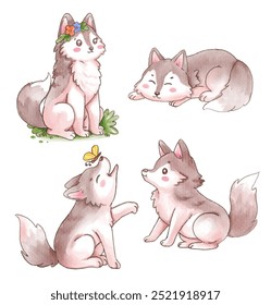 A charming collection of four watercolor husky puppies in various playful poses.