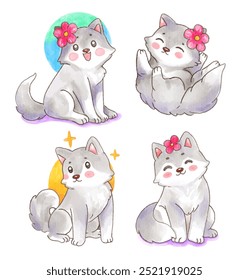 A charming collection of four watercolor husky puppies in various playful poses.