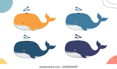 A charming collection of four whales swimming together in the vast blue ocean under a bright sunny day