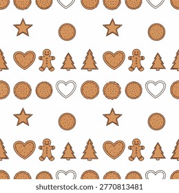 A charming collection of gingerbread cookies in various shapes including stars, hearts, and gingerbread men, alongside their corresponding cookie cutters, creating a whimsical and festive design.