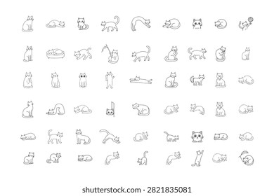 Charming collection of hand drawn cat line art icons featuring cute feline poses and daily activities. Perfect for pet shop branding animal care projects web design minimalist stickers and creative digital assets. Clean simple minimalist outlines capturing the playful nature of cats