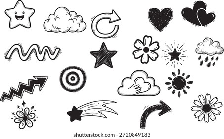 A charming collection of hand drawn doodle illustrations featuring stars, clouds, hearts, flowers, and various whimsical shapes