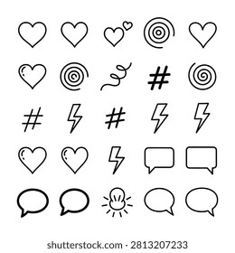 A charming collection of hand drawn doodle icons featuring hearts, speech bubbles, chat symbols, lightning bolts, spirals, swirls, hashtags, and creative sketch elements in a clean outline vector style. Perfect for social media graphics, messaging apps, branding, planners, journals, scrapbooking, presentations, websites, mobile applications, educational materials, and creative design projects. These minimalist line art icons offer a modern handwritten aesthetic that is fully scalable, easy to edit, and ideal for both digital and print use.

#DoodleIcons #HandDrawn #OutlineIcons #HeartIcon #SpeechBubble #ChatIcon #LightningBolt #Hashtag #Spiral #SketchStyle #VectorIcons #LineArt #MinimalDesign #SocialMedia #CreativeElements #GraphicDesign #StickerDesign #Illustration #EditableVector #IconCollection