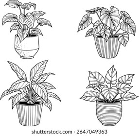 Charming Collection of Hand Drawn Potted Plants Whimsical Botanical Illustrations for Home Decor and Nature Enthusiasts Featuring Various Leaf Shapes