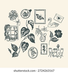 A charming collection of hand-drawn black and white illustrations featuring romantic florals, cozy home elements, nature motifs, and a serene cafe scene, perfect for rustic designs.