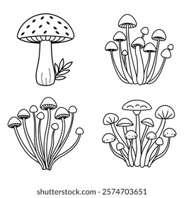 A charming collection of hand-drawn black-and-white mushroom illustrations, featuring various designs perfect for nature-inspired creative projects, coloring books, graphic design, or botanical-themed