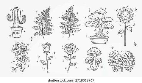 Una encantadora colección de ilustraciones botánicas dibujadas a mano con un cactus, helechos, bonsáis, girasol, hiedra, rosas y setas, realizadas en un estilo de contorno simple con destellos caprichosos.