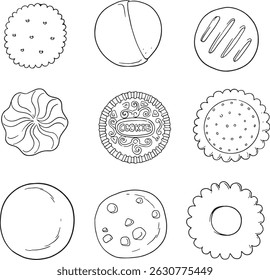 A charming collection of hand-drawn cookie outlines, perfect for coloring or adding a whimsical touch to any design. This set features various cookie shapes, including classic sandwich cookies, chocol