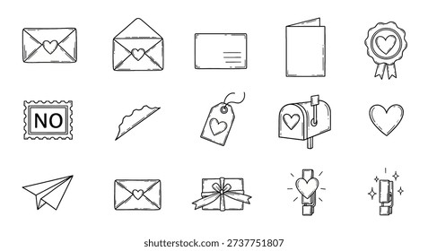 A charming collection of hand-drawn doodle icons representing mail, love, and gift-giving, featuring envelopes, cards, stamps, a mailbox, hearts, and presents in a simple outline style.