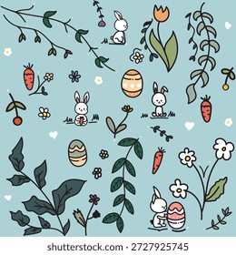 Uma coleção encantadora de ilustrações com tema de Páscoa desenhadas à mão com coelhinhos brancos adoráveis, ovos de Páscoa decorados, cenouras frescas e várias flora de primavera como tulipas e margaridas. Configurados contra um fundo azul pastel macio, estes elementos são perfeitos para criar padrões festivos, cartões de saudação, convites e gráficos de mídia social. Estética de alta qualidade em estilo vetorial com linhas limpas e uma sensação caprichosa