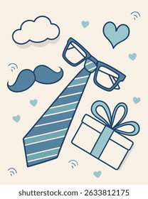 A charming collection of hand-drawn Father's Day clip art elements in blue and off-white, including a tie, glasses, mustache, cloud,and hearts. Perfect for cards, invitations, and digital scrapbooking