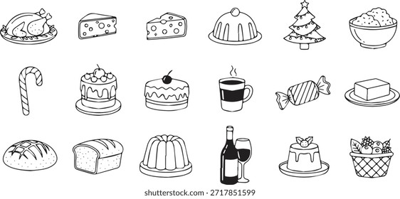 Una encantadora colección de iconos dibujados a mano con comida y bebidas festivas, perfecto para diseños de vacaciones.