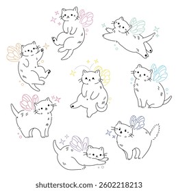 A charming collection of hand-drawn illustrations featuring adorable cats in various playful poses