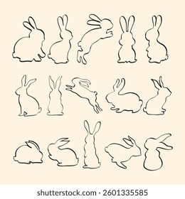 A charming collection of hand-drawn rabbit line art sketches, ideal for Easter, spring, and decorative designs. Perfect for digital and print projects, including cards, patterns, and illustrations.