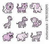 A charming collection of hand-drawn safari animals in a playful, cartoon style. Features a lion, tiger, elephant, giraffe, zebra, monkey, hippo, rhino, and cheetah.