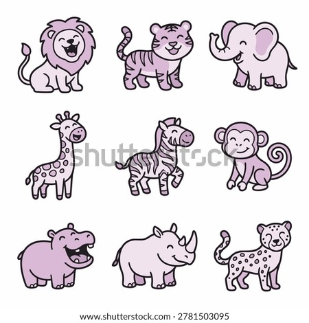 A charming collection of hand-drawn safari animals in a playful, cartoon style. Features a lion, tiger, elephant, giraffe, zebra, monkey, hippo, rhino, and cheetah.
