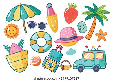 A charming collection of hand-drawn summer vacation elements, playfully designed on a clean white background. Each illustration captures the essence of summertime fun with a cute and whimsical style.