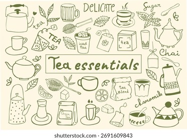 Handgezeichnete Doodle-Vektorgrafik von Teeessentials mit Teekannen, Bechern, Tassen, Teebeuteln, Kräutern, Zucker und Etiketten wie "Chai" und "grüner Tee". Perfekt für Teebranding, Verpackungen, Cafés.