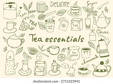 Uma coleção encantadora de rabiscos de chá desenhados à mão, incluindo chaleiras, xícaras de chá, saquinhos de chá, folhas e acessórios de cerveja. Perfeito para menus de café e marca de bebidas orgânicas.