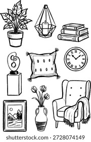 Uma coleção encantadora de itens de decoração em casa de vetor desenhados à mão, incluindo plantas em vaso, livros, uma poltrona confortável e sotaques artísticos em um estilo de esboço solto