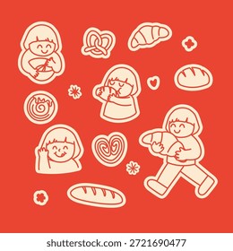 Una encantadora colección de Ilustraciones vectoriales dibujadas a mano centradas en disfrutar de productos horneados frescos y pasteles. Las pegatinas cuentan con personajes lindos y felices que abrazan y comen cruasanes y pan, junto con ilustraciones de varios pasteles como un pretzel, un cruasán, un rollo de canela, un dolor al chocolate, una hogaza de pan y un corazón de palmier. Este divertido y simple estilo de doodle de línea de arte utiliza una cálida paleta de colores rojo y crema, lo que lo hace perfecto para la marca, el embalaje, los diseños digitales o la Mercancía relacionada con panaderías, cafeterías, blogs de alimentos o tiendas de postres.