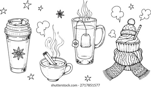 Una encantadora colección de bebidas invernales dibujadas a mano y un cupcake festivo, perfecto para diseños de temporada.