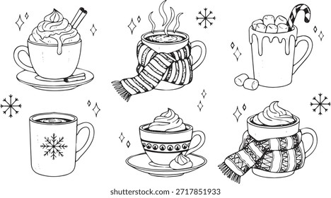 Una encantadora colección de bebidas invernales dibujadas a mano que incluyen chocolate caliente y café con adornos festivos y bufandas.