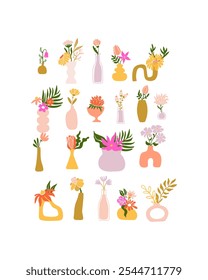 Charming Collection of Hand-Illustrated Vases Filled with Colorful Flowers, Perfect for Home Decor, Stationery, and Creative Projects Celebrating Nature's Beauty