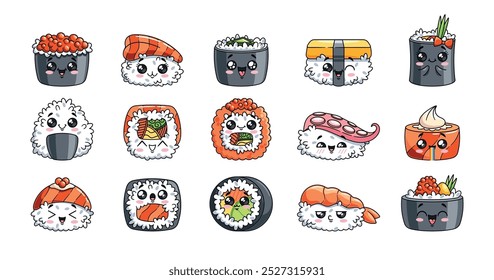 Charming Collection Of Kawaii Sushi Characters Featuring Variety Of Adorable Expressions. Cartoon Vector Cute Rolls