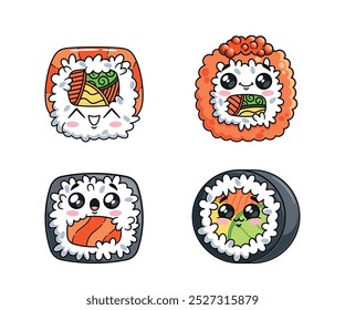 Coleção Encantadora De Kawaii Sushi Rolls Com Expressão Bonitinha E Rostos Divertidos. Culinária japonesa Engraçado Personagens