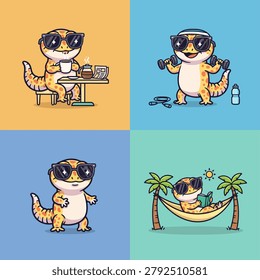 A charming collection of leopard gecko cartoon characters, each wearing sunglasses and engaged in different activities, including drinking coffee, exercising, and unwinding in a hammock.