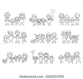 Uma coleção encantadora de ilustrações em estilo de linha com membros da família em poses em grupo para designs com temas familiares, conteúdo para pais e visuais educacionais