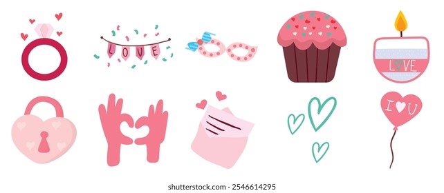 Eine charmante Kollektion von Illustrationen zum Thema Liebe, darunter ein Ring, Cupcake, Herzen, Ballon und eine Liebesnote. Perfekt für den Valentinstag, Hochzeiten und romantische Designs.