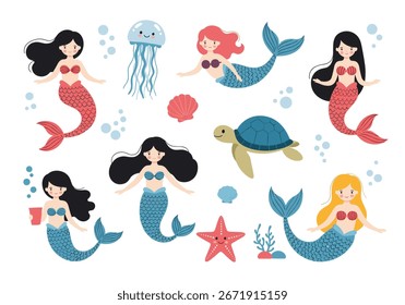 Coleção encantadora de míticos moradores do oceano com sereias e vida marinha, incluindo uma tartaruga-medusa e estrelas-do-mar