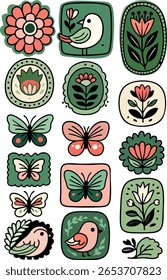 A charming collection of nature-themed illustrations in a retro folk art style. This set of bird, butterfly, and floral icons is perfect for creating stickers, patches, or cute branding elements