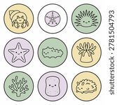 A charming collection of nine circular icons featuring adorable, hand-drawn marine life in a kawaii style. Includes hermit crab, sand dollar, sea urchin, starfish, sea cucumber, anemone, coral, sea slug, and another sea creature.