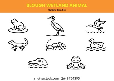 A charming collection of outline-style vector icons representing slough wetland animals. This set features a frog on a lily pad, heron, flying bird, lizard, crayfish, duck, crocodile, and a frog.