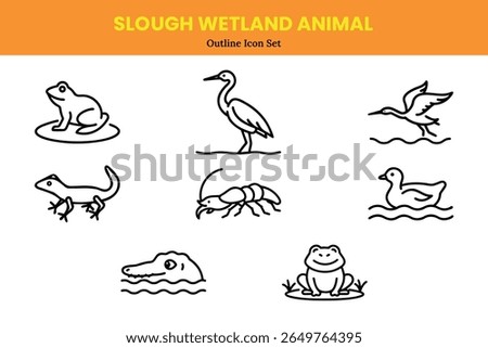A charming collection of outline-style vector icons representing slough wetland animals. This set features a frog on a lily pad, heron, flying bird, lizard, crayfish, duck, crocodile, and a frog.