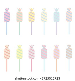 Una encantadora colección de piruletas de colores pastel con patrones de rayas dulces. Este conjunto de Vector plano es perfecto para la marca de la tienda de dulces, invitaciones de fiesta, tarjetas de felicitación y decoración linda del vivero
