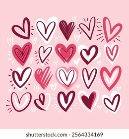 Charming collection of pink and burgundy hand-drawn heart doodles in various styles on a white background, perfect for love-themed projects