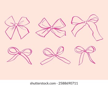 A charming collection of pink line art bow illustrations, embodying a soft and feminine coquette aesthetic. Perfect for fashion branding, stationery, packaging, wedding decor, and digital designs.