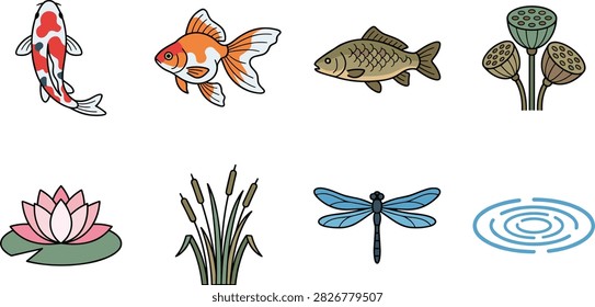 A charming collection of pond and aquatic nature elements featuring koi fish, goldfish, lotus flower, cattails, lotus pods, dragonfly, and water ripples. Ideal for nature-themed illustrations, children’s books, educational materials, stickers, stationery, and decorative designs.