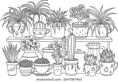 A charming collection of potted plants and teapots is a whimsical black and white image where decorative pots, arranged in a lovely interior garden setting.