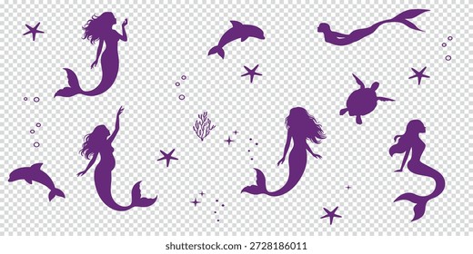 A charming collection of purple silhouette illustrations featuring mermaids and various sea creatures.